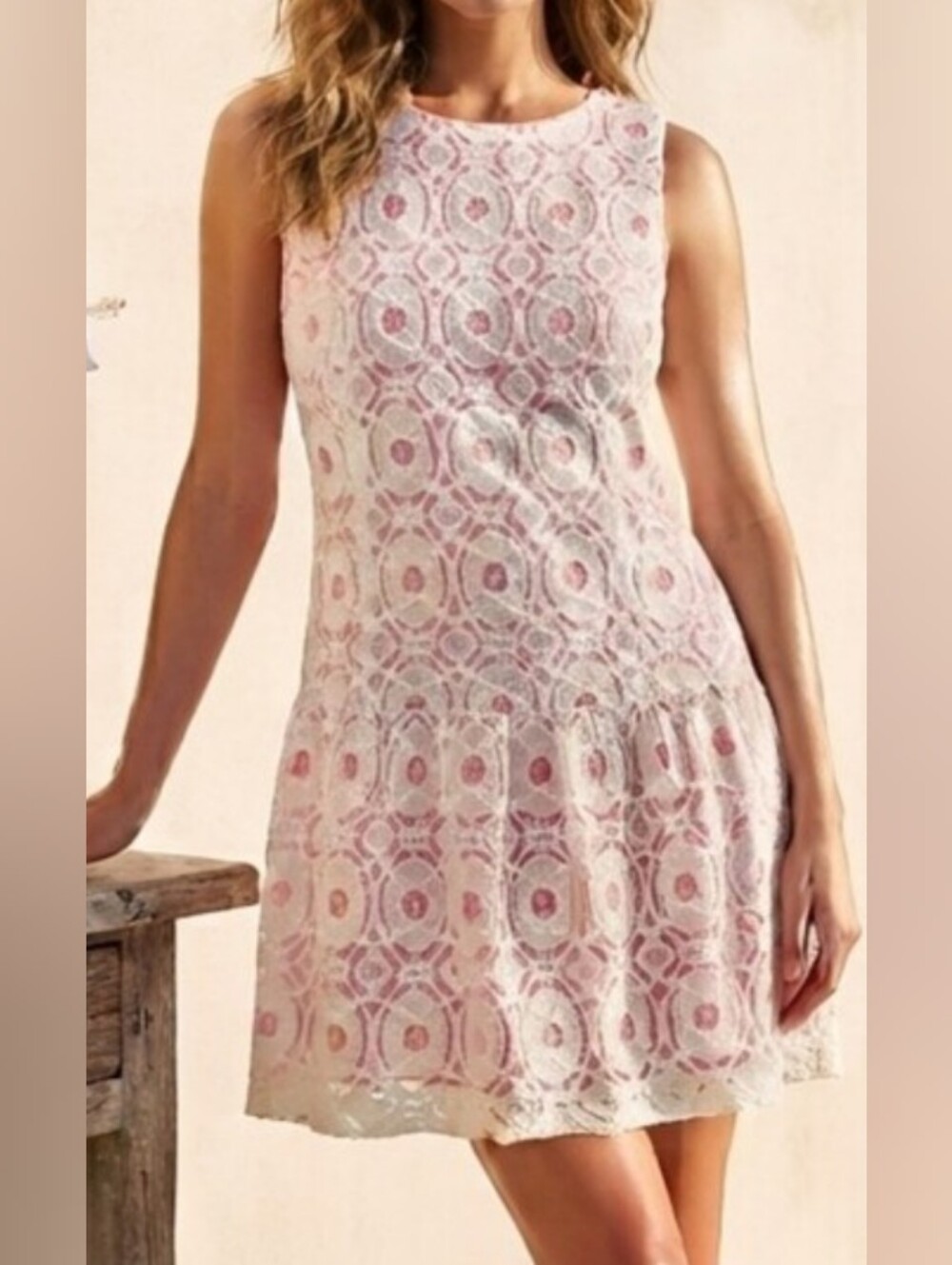 Kensie Pink and White Lace Sleeveless A-Line Dress